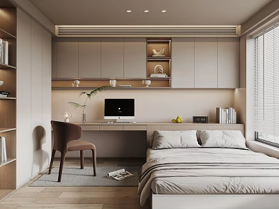 Minimalist Tatami Bedroom Interior With Bed Desk Computer Bookshelf And Window 3d model
