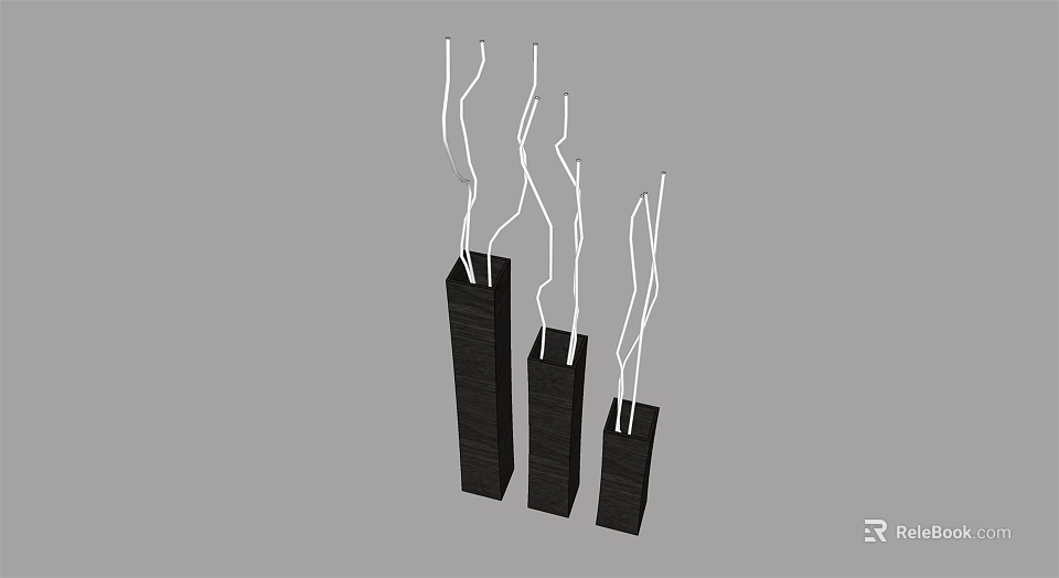 Tall Black Cylindrical Flower Pots with White Decorative Stems for Garden Decoration 3d model 
