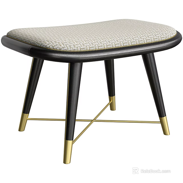 Modern Stool With Light Gray Textured Fabric Cushion And Black Legs With Gold Accents 3d model 