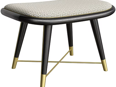 Modern Stool With Light Gray Textured Fabric Cushion And Black Legs With Gold Accents 3d model