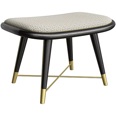 Modern Stool With Light Gray Textured Fabric Cushion And Black Legs With Gold Accents 3d model
