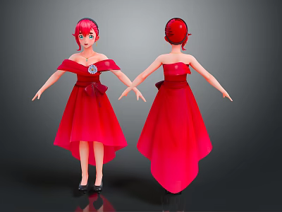Cartoon Girl Characters With Red Hair Red Off Shoulder Dresses Bow Decorations Front Back Views 3d model