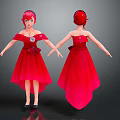 Cartoon Girl Characters With Red Hair Red Off Shoulder Dresses Bow Decorations Front Back Views