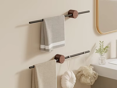 Gray And Beige Soft Towels On Black Towel Rack With Wooden Ends In Bathroom 3d model