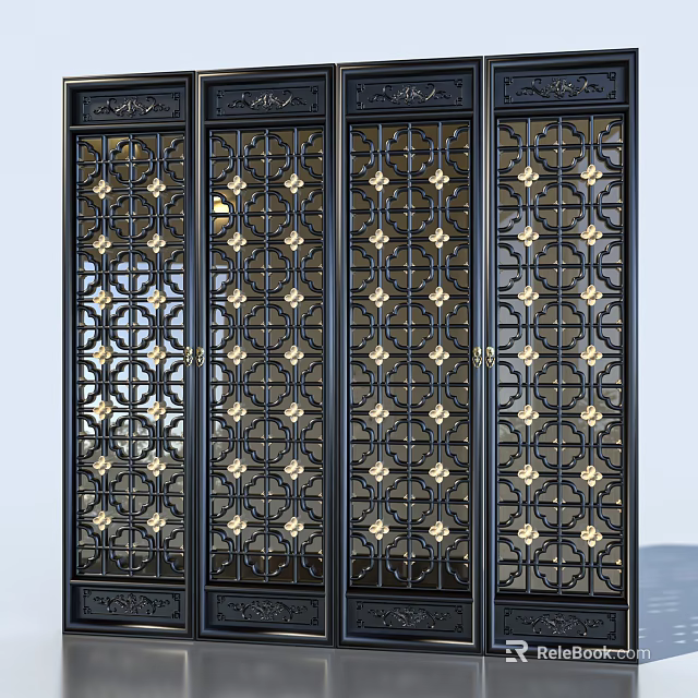 Elegant Chinese Style Decorative Screen With Black Frame And Intricate Carved Patterns 3d model 