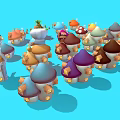 Colorful Cartoon Scene with Various Mushroom Houses Windmill and Small Elements like Trees Barrels