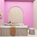 Beauty Salon Interior Design With Light Green Chairs Arched Shelves Mirror And Displayed Beauty Products