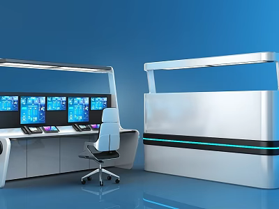 Modern White Desk Workstation With Multiple Monitors Ergonomic Chair And Control Panel 3d model