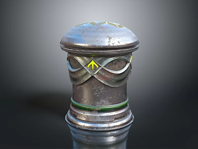 Shiny Metal Cylindrical Component With Decorative Top Yellow Arrows And Green Ring 3d model