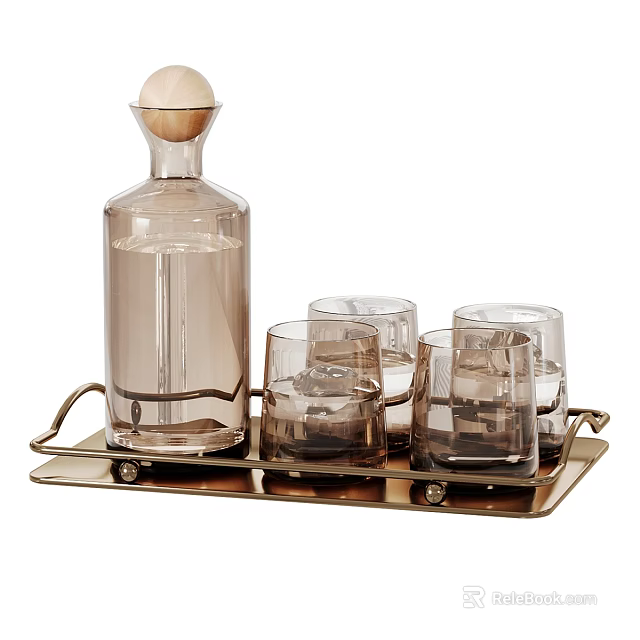 Clear Tableware Set With Glass Bottle Glasses And Metal Tray 3d model 