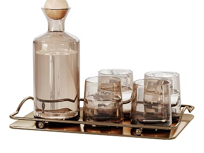 Clear Tableware Set With Glass Bottle Glasses And Metal Tray 3d model