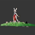 3D Model White Rabbit Character In Red Dress Standing On Green Grass With Pink Flowers