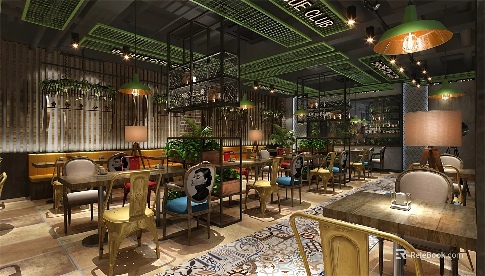 Modern Restaurant Interior With Green Ceiling Plants Wooden Tables And Lighting 3d model 