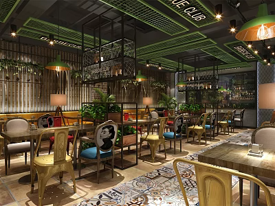Modern Restaurant Interior With Green Ceiling Plants Wooden Tables And Lighting 3d model