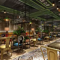 Modern Restaurant Interior With Green Ceiling Plants Wooden Tables And Lighting