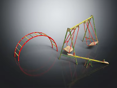 Colorful Playground Equipment With Red Arched Climbing Frame And Yellow Green Swing Seats 3d model