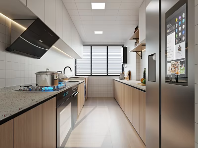 Modern Kitchen Interior With Cabinets Stainless Steel Refrigerator Gas Stove Range Hood And Granite Countertop 3d model