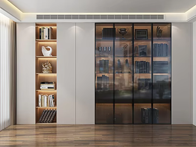 Modern Bookcase With Glass Doors Wooden Frame Books And Decorative Items In Interior 3d model