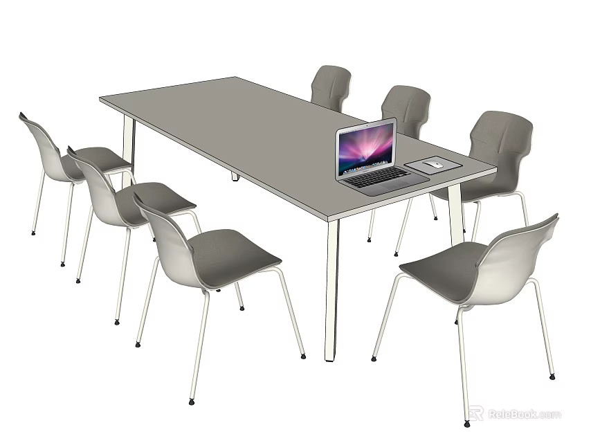 Modern Gray Conference Table With Six Chairs Laptop And Notebook 3d model 