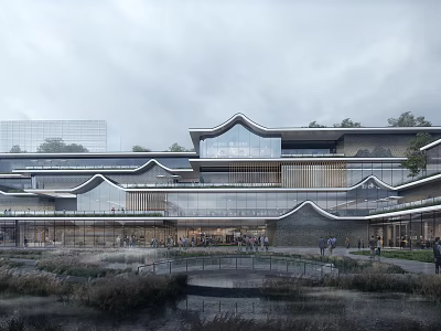 Modern Hotel Building Featuring Curved Roof Design Glass Facade And Waterfront Garden View 3d model