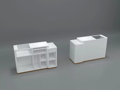 Two Modern White Reception Desk Designs With Wooden Bases And Storage Features 3d model