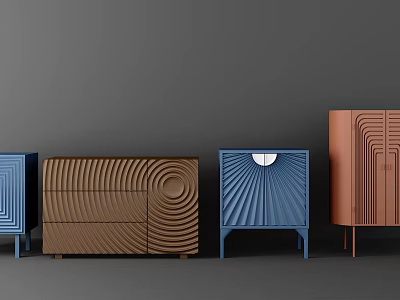 Stylish Modern Entryway Side Cabinets With Wave Circular Radial Patterns And Colorful Finishes 3d model