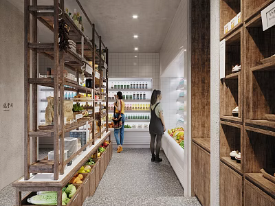 Fresh Fruit Store Interior With Shelves Display And Customers Shopping Organic Produce 3d model