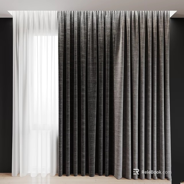 White Sheer And Dark Textured Linen Curtains For Modern Window Decor 3d model 