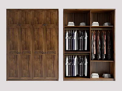 Carved Wooden Wardrobe With Open Interior Hanging Clothes And Folded Shelves 3d model