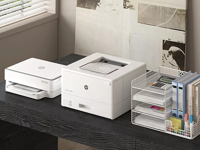 Efficient White HP Office Printers On Modern Office Desk With Storage Organizer And Supplies 3d model