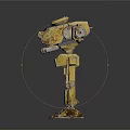 Yellow Mechanical Robot Creature With Long Arms Legs And Rusty Surface