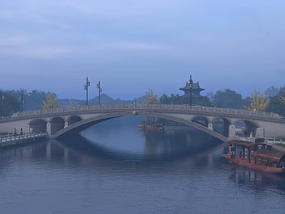 Ancient Stone Arch Bridge Over River With Traditional Pagoda Boats Golden Trees And Evening Sky 3d model