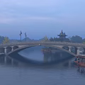 Ancient Stone Arch Bridge Over River With Traditional Pagoda Boats Golden Trees And Evening Sky