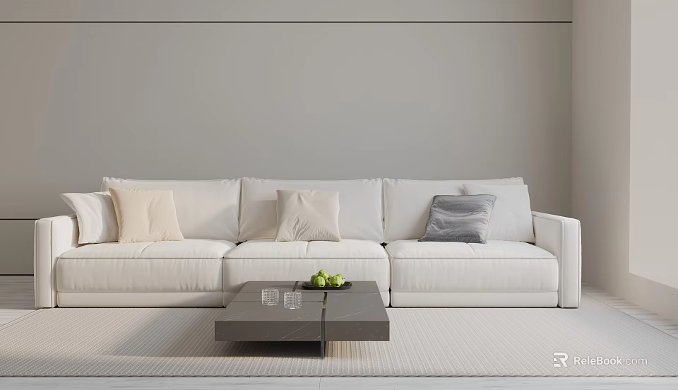 Modern Minimalist White Three Seater Sofa With Beige Gray Cushions Coffee Table Green Fruits And Rug 3d model 