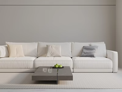 Modern Minimalist White Three Seater Sofa With Beige Gray Cushions Coffee Table Green Fruits And Rug 3d model