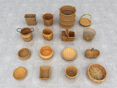 Various Woven Storage Baskets Different Shapes And Sizes Displayed On Gray Floor 3d model
