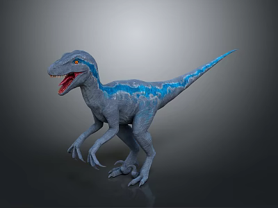 Dynamic Realistic Gray Velociraptor With Blue Stripes Open Mouth Sharp Teeth Posing 3d model