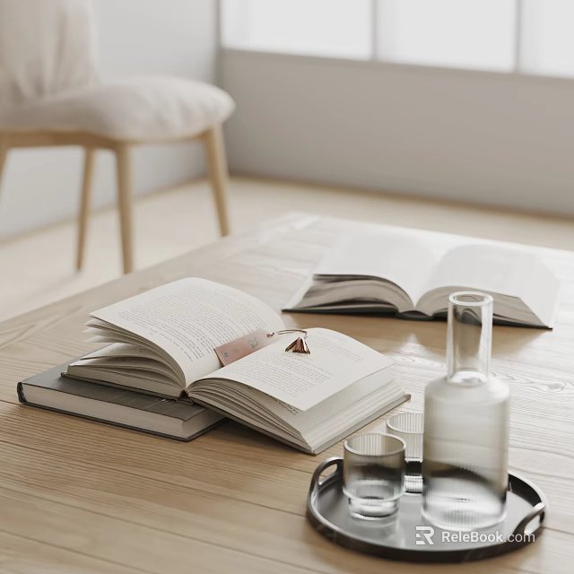Open Books On Wooden Table With Glass Cups And Decorative Clear Bottle 3d model 