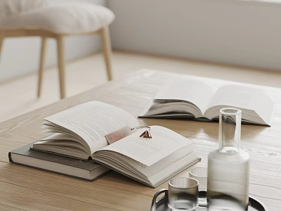 Open Books On Wooden Table With Glass Cups And Decorative Clear Bottle 3d model