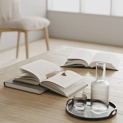 Open Books On Wooden Table With Glass Cups And Decorative Clear Bottle 3d model