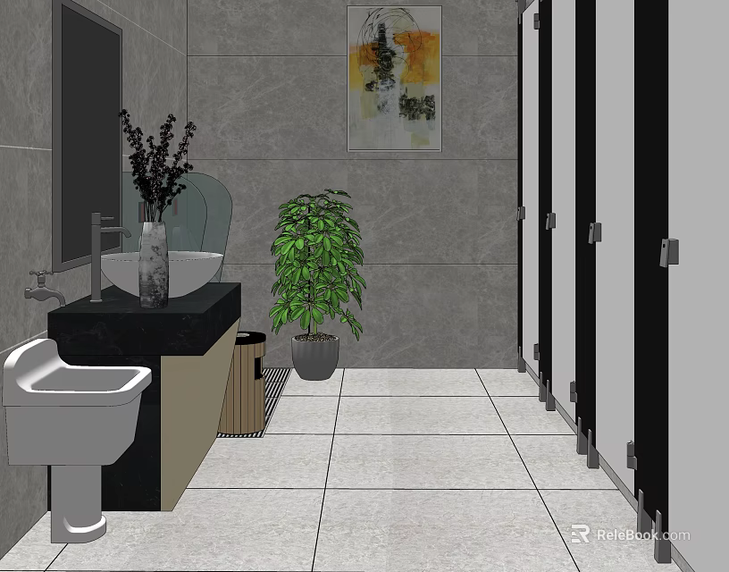 Public Restroom with Gray Wall Tiles Wash Basin Mirror Potted Plants Cubicles and Tile Floor 3d model 