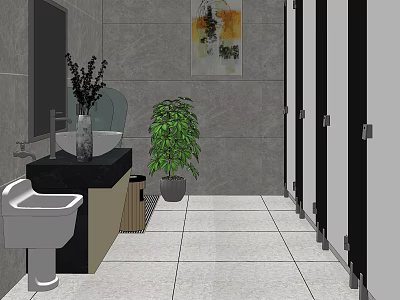 Public Restroom with Gray Wall Tiles Wash Basin Mirror Potted Plants Cubicles and Tile Floor 3d model