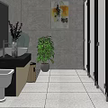 Public Restroom with Gray Wall Tiles Wash Basin Mirror Potted Plants Cubicles and Tile Floor