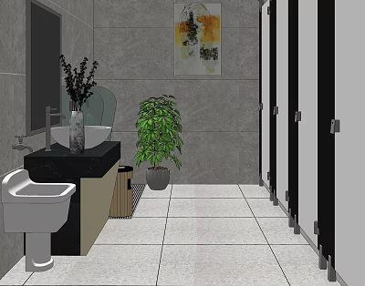 Public Restroom with Gray Wall Tiles Wash Basin Mirror Potted Plants Cubicles and Tile Floor 3d model