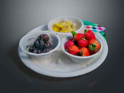 Fresh Mixed Fruits Platter With Cherries Pineapple Chunks And Strawberries On White Tray 3d model