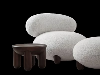 Plush White Rounded Lounger With Wooden Side Table And Cylindrical Legs 3d model