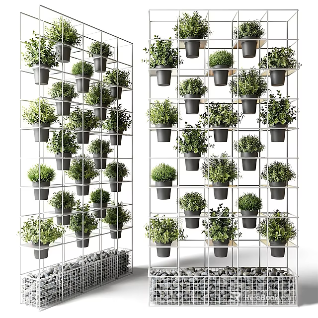Neatly Arranged Potted Bonsai Plants in Black Pots on Metal Grid Shelves 3d model 