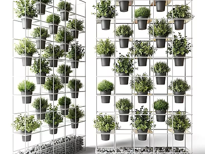 Neatly Arranged Potted Bonsai Plants in Black Pots on Metal Grid Shelves 3d model