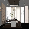 Oriental Chinese Teahouse Interior With Wooden Bookshelves Tea Sets Pendant Lights And Long Table