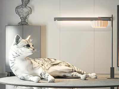 White and Gray Reptile Lizard Resting on Gray Table with Desk Lamp and Sculpture 3d model